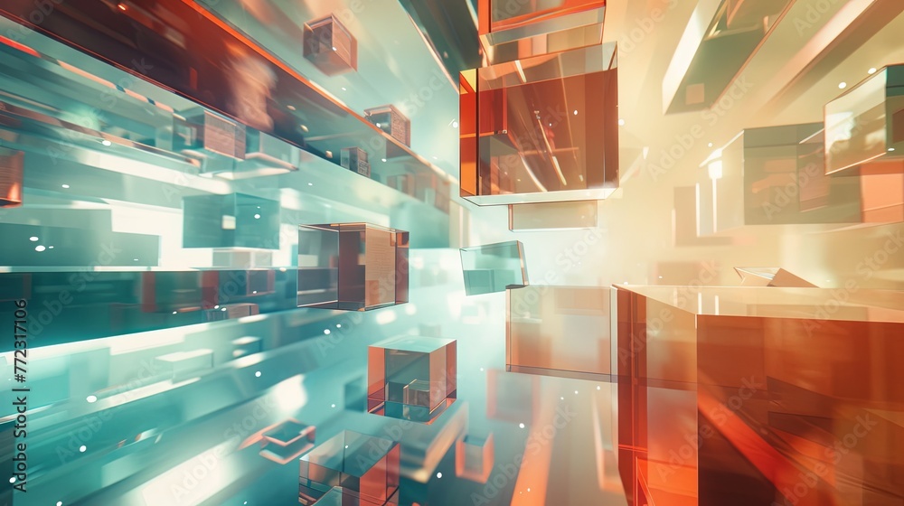 Poster a 3d render of floating geometric blocks in a digital space, with a futuristic orange and teal color