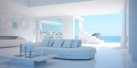 Clean lines and airy spaces define a minimalist interior accented with shades of sky blue and pristine white.