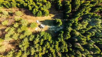 a car that is parked in the grass near some trees