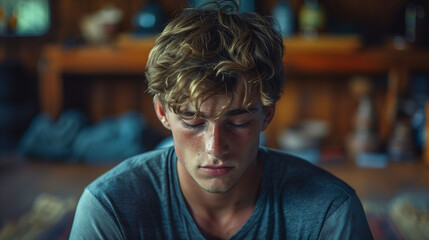 Obraz premium Thoughtful young man with a contemplative expression sitting indoors with soft lighting.