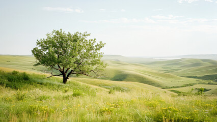 A single tree stands in a lush, rolling green landscape under a clear sky, embodying tranquility...
