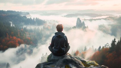 Person sitting on a rock meditating in a foggy, forested landscape during a tranquil sunrise.