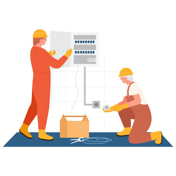 Electrician team testing electricity. Electrician repair service, industrial worker flat vector illustration