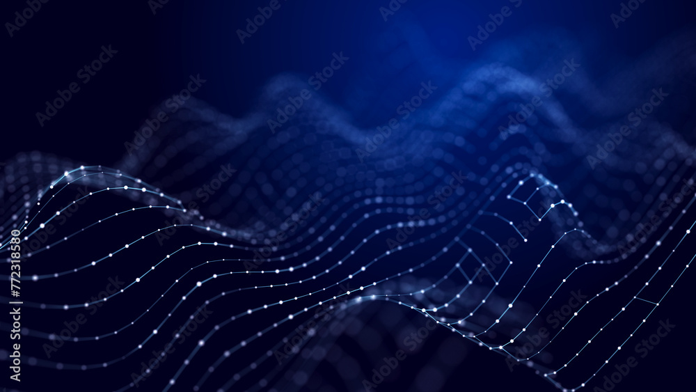 Poster abstract wave. interweaving of dots and lines on a blue background. big data. 3d rendering.