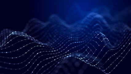 Abstract wave. Interweaving of dots and lines on a blue background. Big data. 3D rendering.