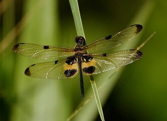 Close-up of a yellow dragonfly perched on a green leaf