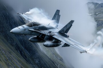 a fighter jet flying through a cloudy sky - obrazy, fototapety, plakaty