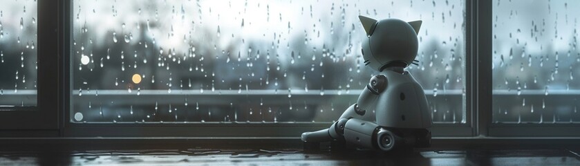 Sad cat robot, sitting in window, rainy day, backlit, reflective mood, grayscale, sketch style