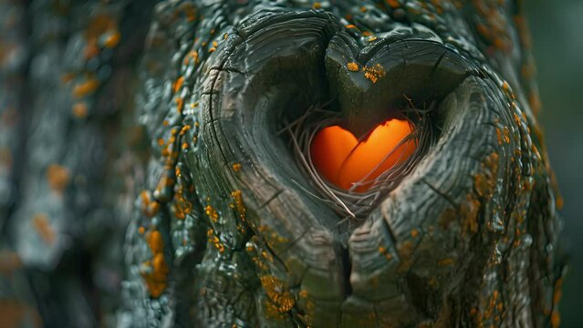 Arbor Day animation: Heart-shaped tree hollow, nature's love. - Powered by Adobe