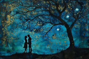 Fantasy Blue Tree Silhouette with Couple Underneath - obrazy, fototapety, plakaty