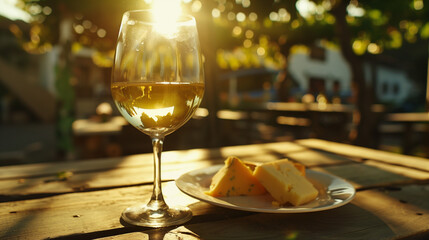 A glass of white wine at sunset with cheese. Picnic in the fresh air