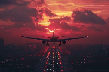 Airplane Landing at Sunset with Vibrant Sky - obrazy, fototapety, plakaty