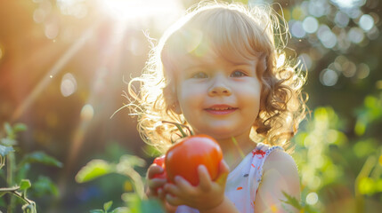 A child holds fresh tomatoes in the sunshine outdoors in the vegetable garden.