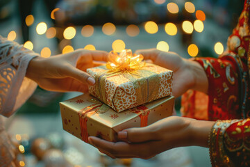 Hands exchanging beautifully wrapped gifts during Eid celebrations, with warm lights in the background