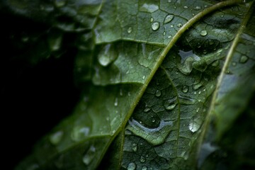 Closeup shot of a green leaf with water droplets on its surface.