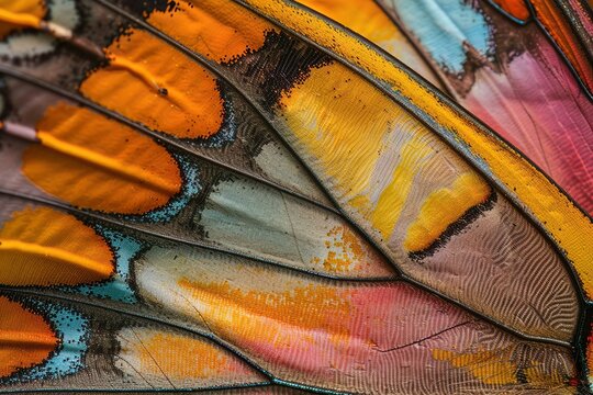 Close view of a butterflys wings, displaying the detailed scales and vibrant colors, perfect for artistic nature photography
