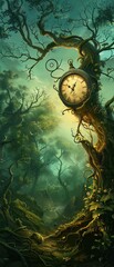 A clock melting over a tree, its hands twisting like branches in a timeless forest - obrazy, fototapety, plakaty