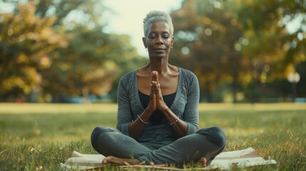 Middle-aged African American woman practicing yoga outdoors