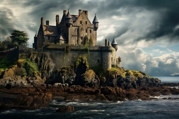 Ominous Scot scottish castle. Fortress travel. Generate Ai - obrazy, fototapety, plakaty