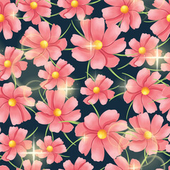 Seamless pattern of beautiful and realistic pink flowers with gold sparkles. Modern floral pattern, Vintage floral background, Pattern for design wallpaper, Gift wrap paper and fashion prints.