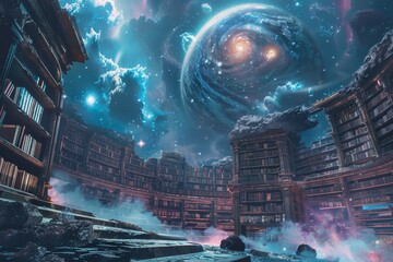 A cosmic library, with books that hold the knowledge of every civilization in the universe - obrazy, fototapety, plakaty