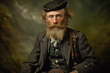 Educated Scottish man from Victorian era. Historical male in vintage attire outdoor portrait. Generate ai