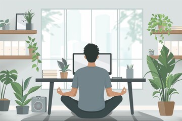 A person is doing yoga in the office, businessman concentration relaxation asana, flat cartoon illustration