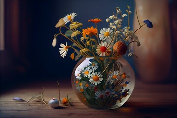 Chamomile and other colorful flowers in a vase