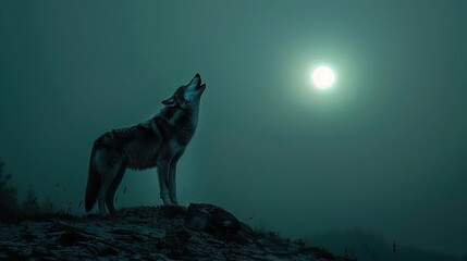 A lone wolf howling at the moon, embodying the courage and independence of a true leader - obrazy, fototapety, plakaty