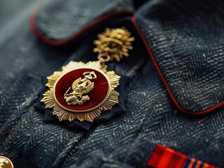 A medal of valor, adorned with national emblems, is pinned on the chest of a hero, symbolizing bravery and sacrifice in service - obrazy, fototapety, plakaty