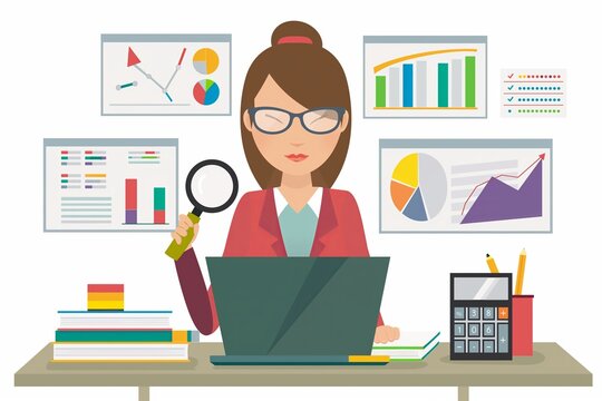 Female accountant, woman working as a bookkeeper business flat cartoon illustration	
