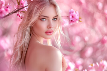 Obraz na płótnie Canvas portrait of beautiful woman on pink cherry blossom background