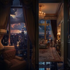 Fototapeta na wymiar Luxurious Interior Overlooking New York Cityscape at Dusk
