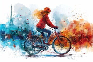 Woman riding on a bicycle in Paris, France, Europe, watercolor art cartoon illustration - obrazy, fototapety, plakaty