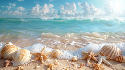 Fototapeta na wymiar Summer panoramic background of beach with seashells and starfish