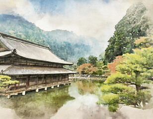 山のふもとにある日本の寺院のイメージイラスト。池の水面に反射する寺院。 - obrazy, fototapety, plakaty