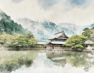山のふもとにある日本の寺院のイメージイラスト。池の水面に反射する寺院。