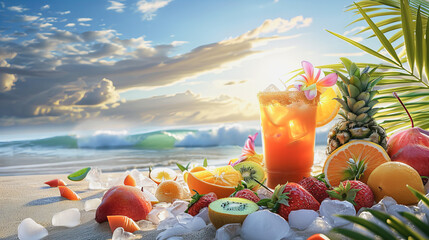Um drinque de frutas tropicais arranjadas em composição com diversas frutas frescas, ao fundo um lindo mar com uma praia levemente desfocada - obrazy, fototapety, plakaty