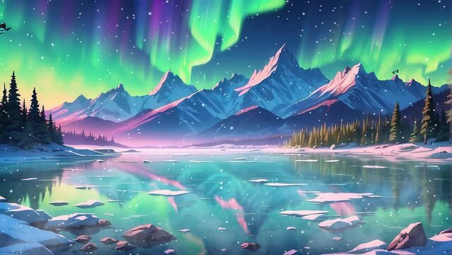 Captivating 4k video footage capturing the enchanting spectacle of the northern lights, or aurora borealis, shimmering over a serene lake during the night.