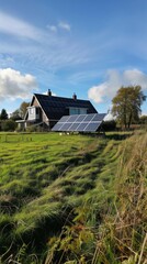 Fototapeta na wymiar Rural House with Solar Panels on Sunny Day
