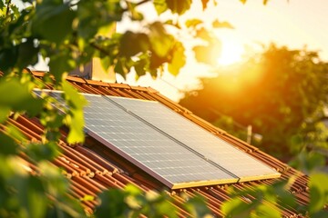 Solar Panels Installed on Tiled House Roof - obrazy, fototapety, plakaty