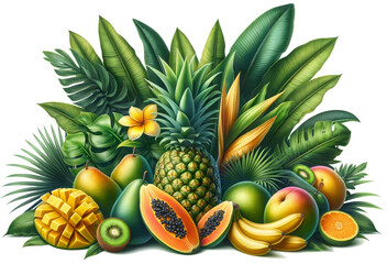 tropical fruit assortment with lush foliage is illustrated in a vivid, realistic style, perfect for food and nature-themed visuals.
