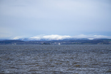 Snow capped hills near the Firth of Forth estuary in Scotland