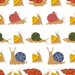 Seamless pattern of snails of different colors and shapes. Cute characters on white background. Beautiful trendy background for packaging, fabric, wallpaper.  - obrazy, fototapety, plakaty