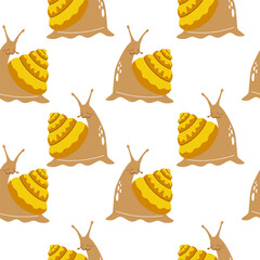 Seamless pattern of yellow snails. Cute characters on white background. Beautiful trendy background for packaging, fabric, wallpaper.  - obrazy, fototapety, plakaty