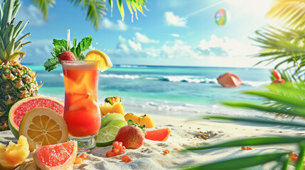 Um drinque de frutas tropicais arranjadas em composição com diversas frutas frescas, ao fundo um lindo mar com uma praia levemente desfocada,  - obrazy, fototapety, plakaty