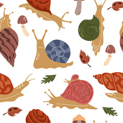 Seamless pattern of snails, leaves and mushrooms. Cute characters on white background. Beautiful trendy background for packaging, fabric, wallpaper.  - obrazy, fototapety, plakaty