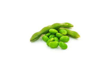 Fresh edamame soybeans and pods isolated on white background.