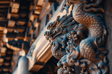 a close up of a dragon head on a building