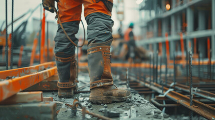 Knee pads worn by a worker, with the construction site softly out of focus